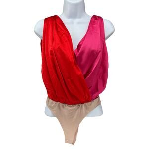 Strut & Bolt Color Blocked Red Pink Wrap Bodysuit NWT Small Ties One Piece